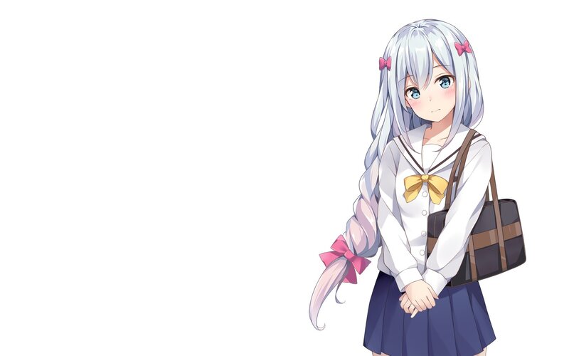 Anime Girl with Silver Hair — White, Calm, School Uniform, Bag