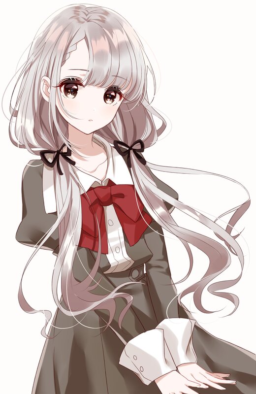 Anime Girl with Silver Hair — White, Calm, School Uniform, Red Bow