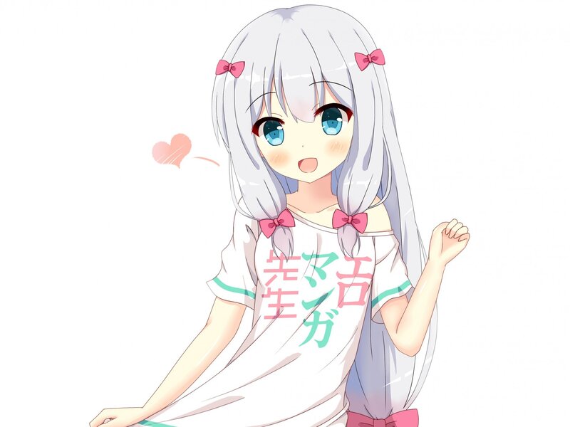 Anime Girl with Silver Hair — White, Cheerful, Pink Bows