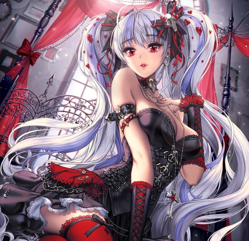 Anime Girl with Silver Hair — White, Dramatic, Digital Art, Red Ribbons