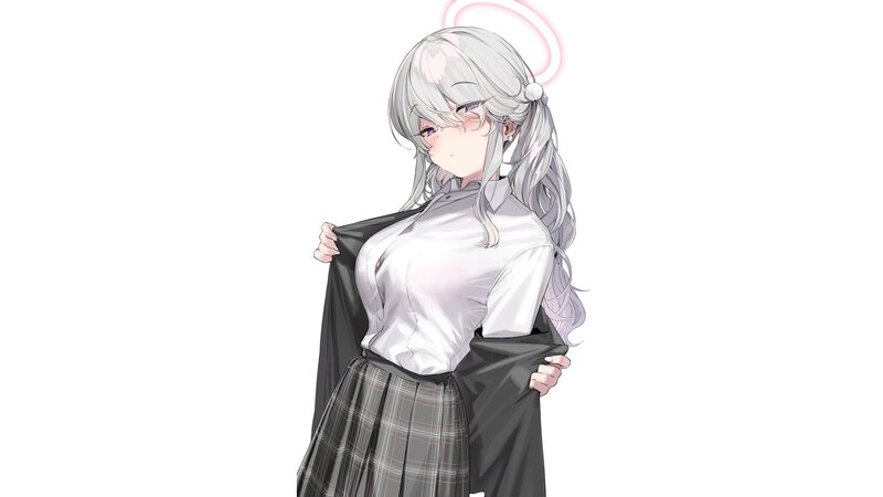 Anime Girl with Silver Hair — White, Neutral, Digital Art, White Shirt, Plaid Skirt