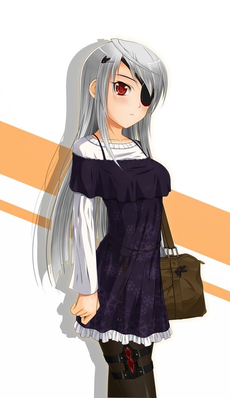 Anime Girl with Silver Hair — White, Neutral, Eyepatch, Bag