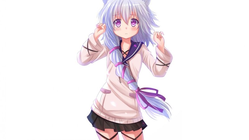 Anime Girl with Silver Hair — White, Playful, Digital Art