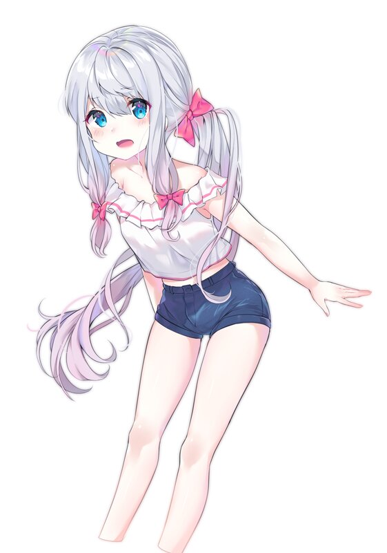 Anime Girl with Silver Hair — White, Playful, Pink Bows