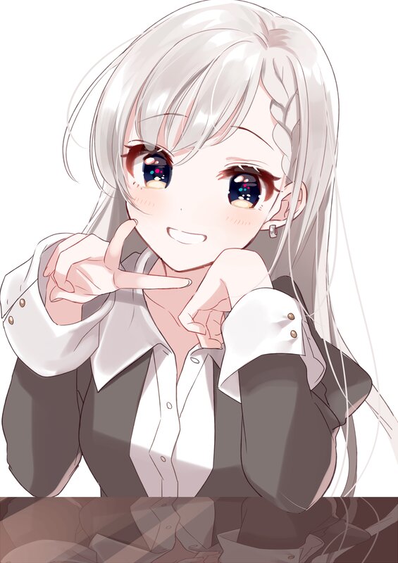 Anime Girl with Silver Hair — White, Playful, White Shirt