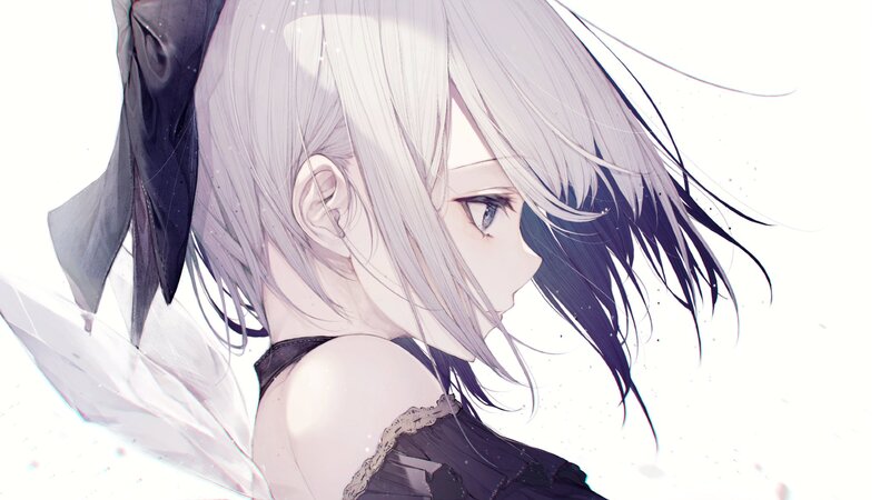 Anime Girl with Silver Hair — White, Serene, Digital Art, Black Bow