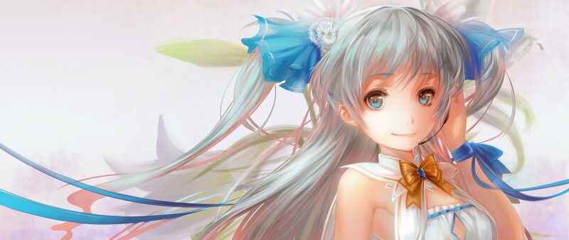 Anime Girl with Silver Hair — White, Serene, Digital Art, Blue Bow, Microphone