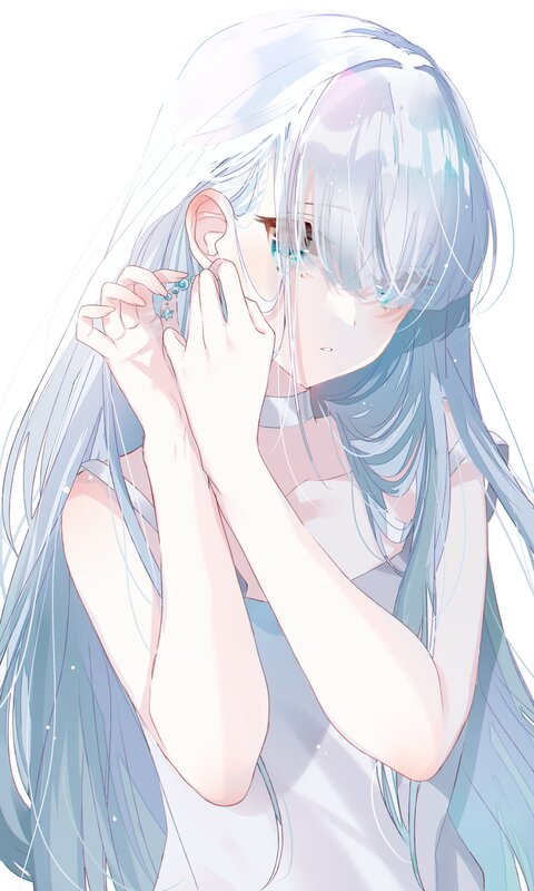 Anime Girl with Silver Hair — White, Serene, Digital Art, Earring
