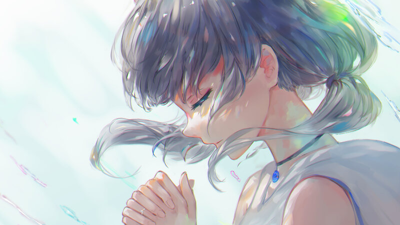 Anime Girl with Silver Hair — White, Serene, Digital Art, Hands