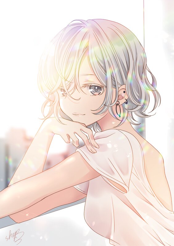 Anime Girl with Silver Hair — White, Serene, Morning
