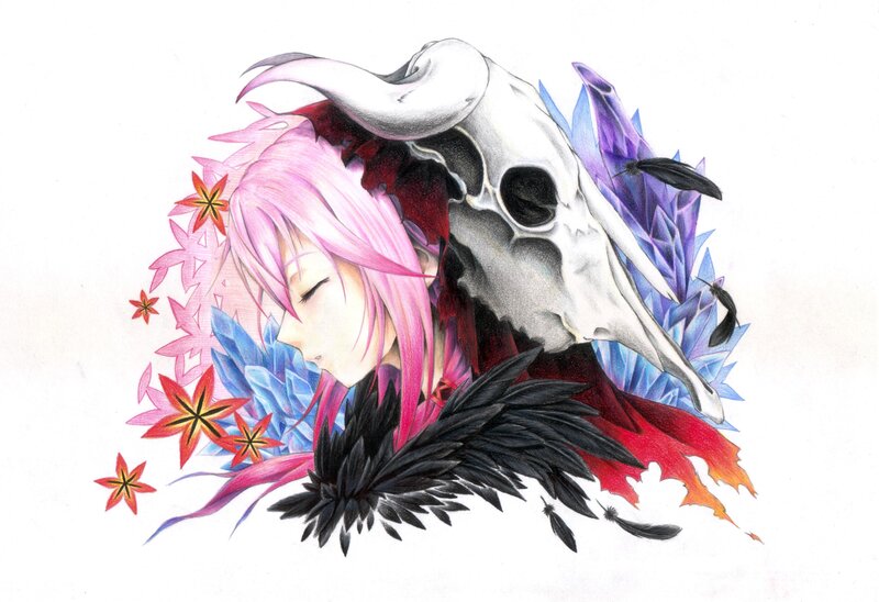 Anime girl with skull and feathers