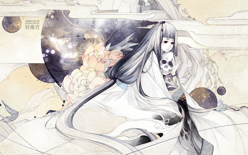 Anime girl with skull and flowers