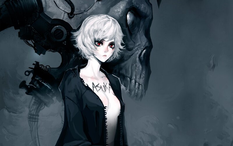 anime girl with skull and mechanical arm