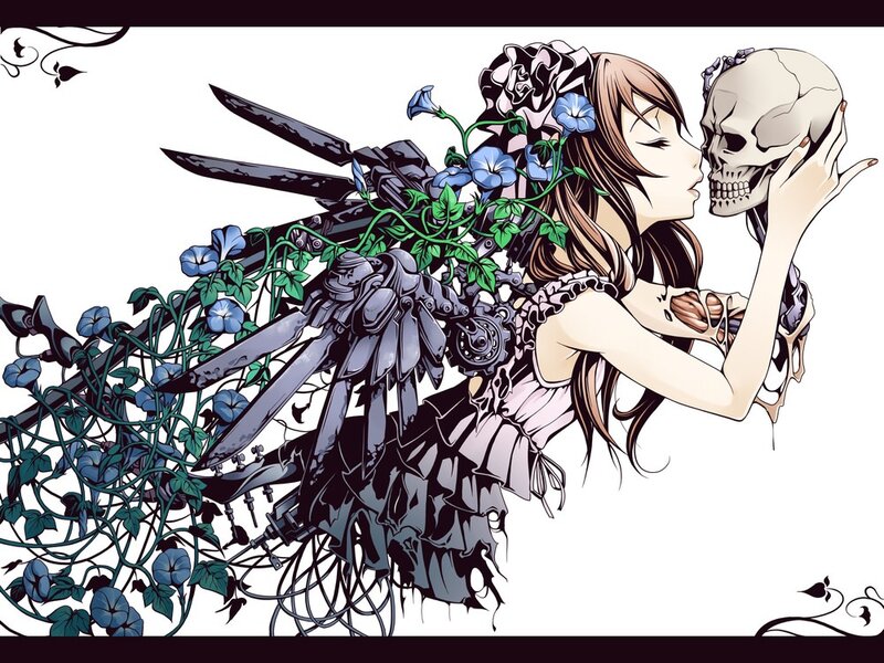 anime girl with skull and mechanical wings