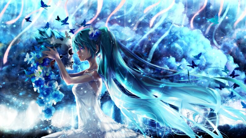 Anime Girl with Skull — Blue, Dreamy