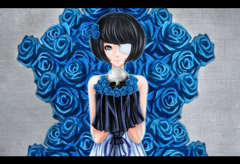 Anime Girl with Skull — Blue, Macabre
