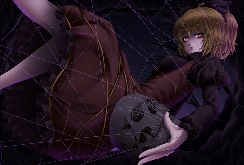 anime girl with skull in dark room