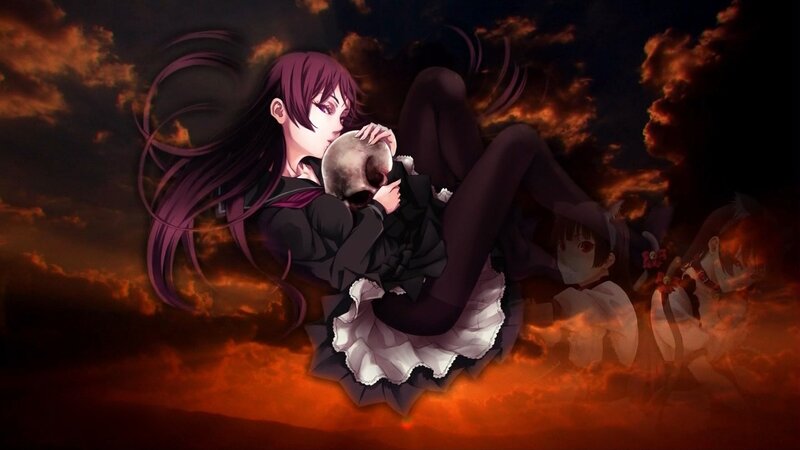 Anime girl with skull in dark sky