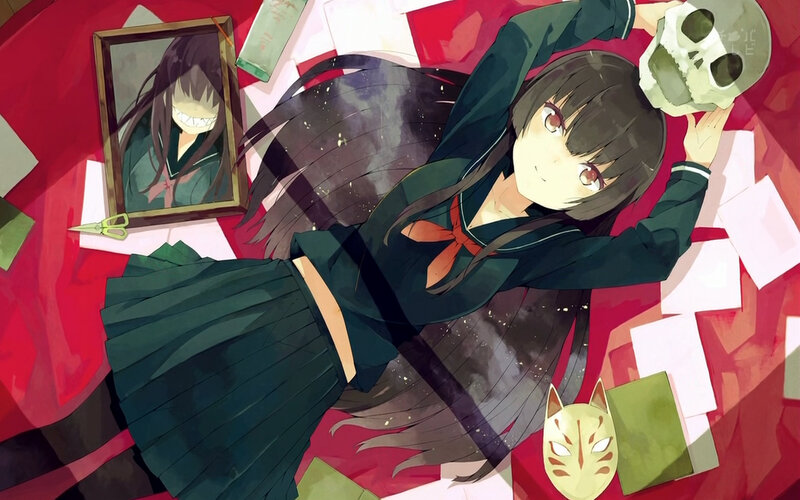 Anime Girl with Skull — Red, Dramatic, Picture Frame