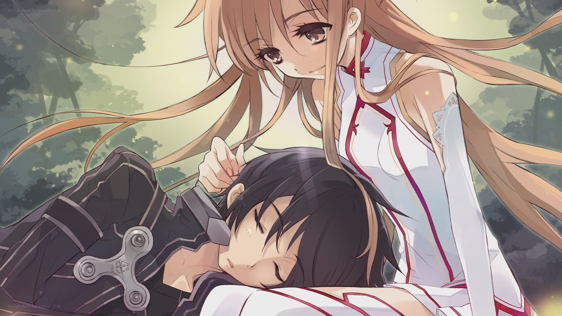 anime girl with sleeping boy