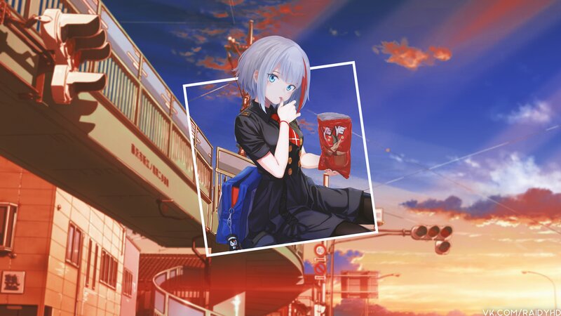 Anime Girl with Snack — Blue