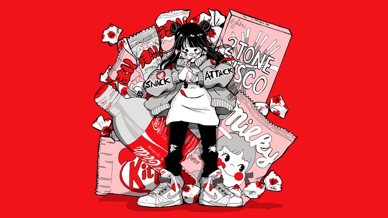 Anime Girl with Snacks — Red