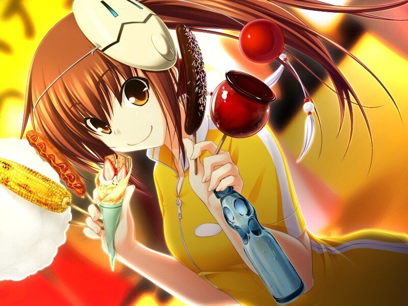 Anime Girl with Snacks — Yellow, Cheerful