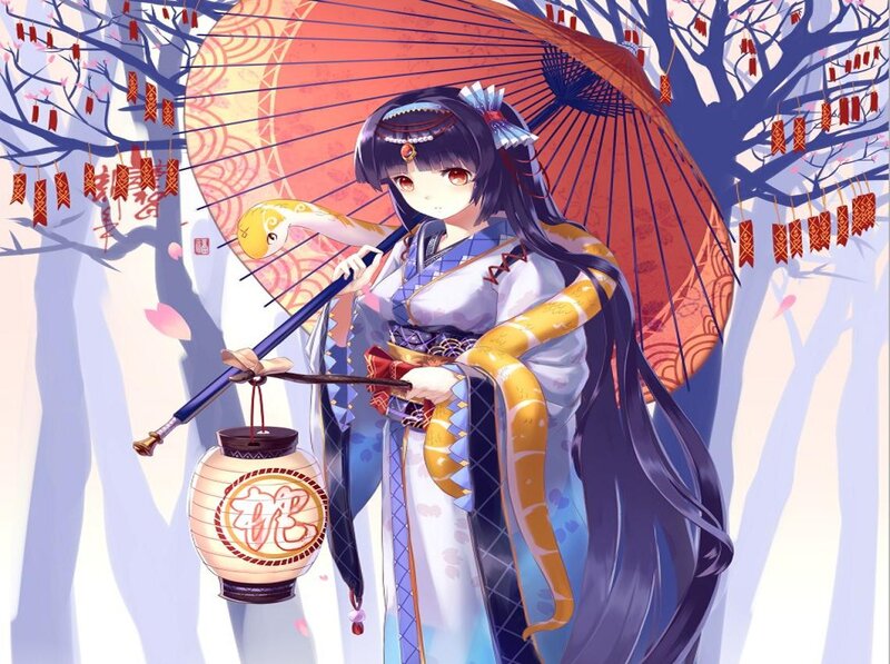 Anime Girl with Snake — Blue, Serene