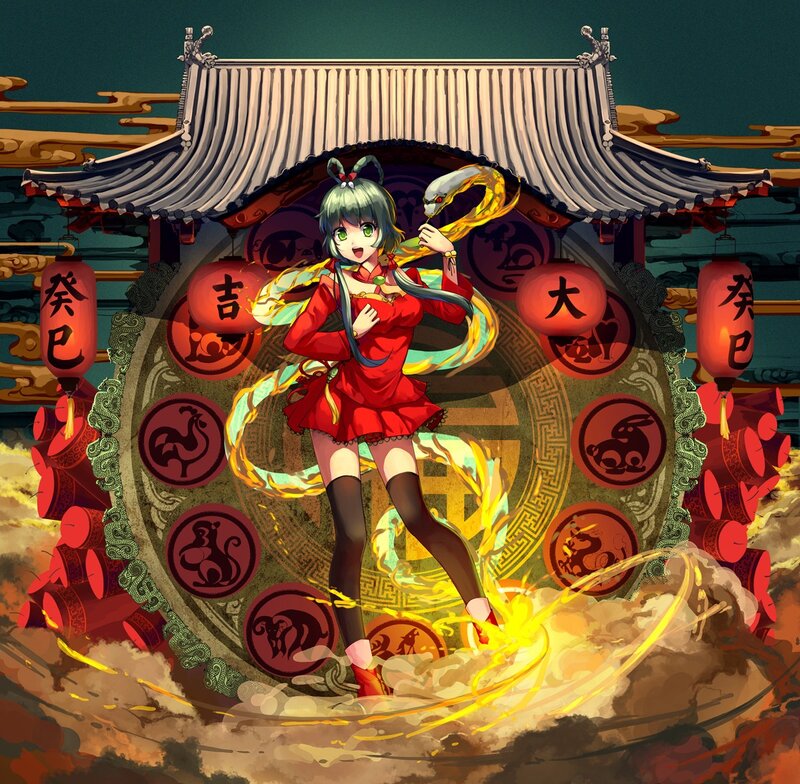 Anime girl with snake in temple