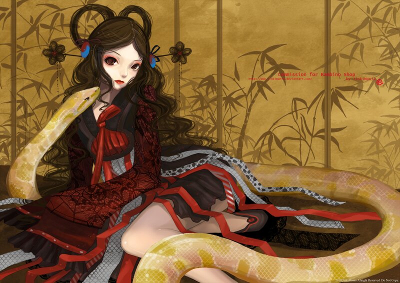 Anime Girl with Snake — Red, Calm