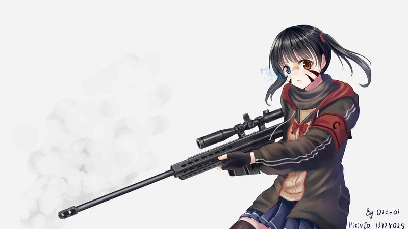 Anime Girl with Sniper Rifle — Black, Focused
