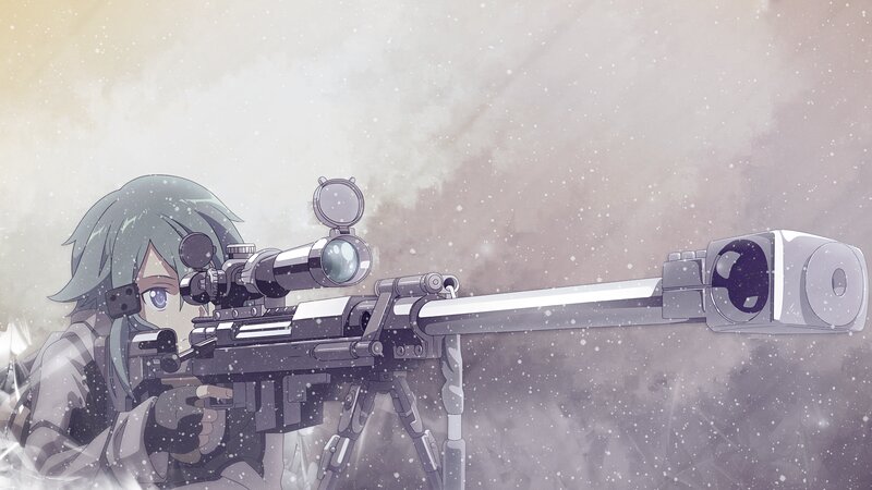 Anime Girl with Sniper Rifle — Gray, Dramatic, Winter, Sniper Rifle