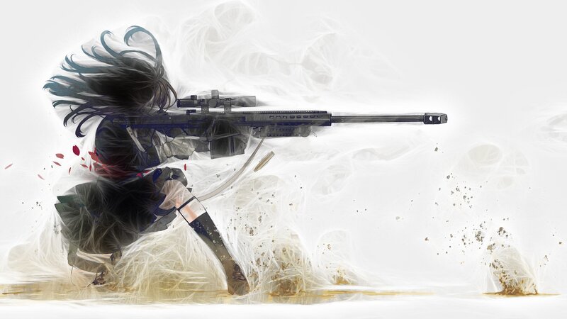 Anime Girl with Sniper Rifle — White, Dramatic, Digital Art