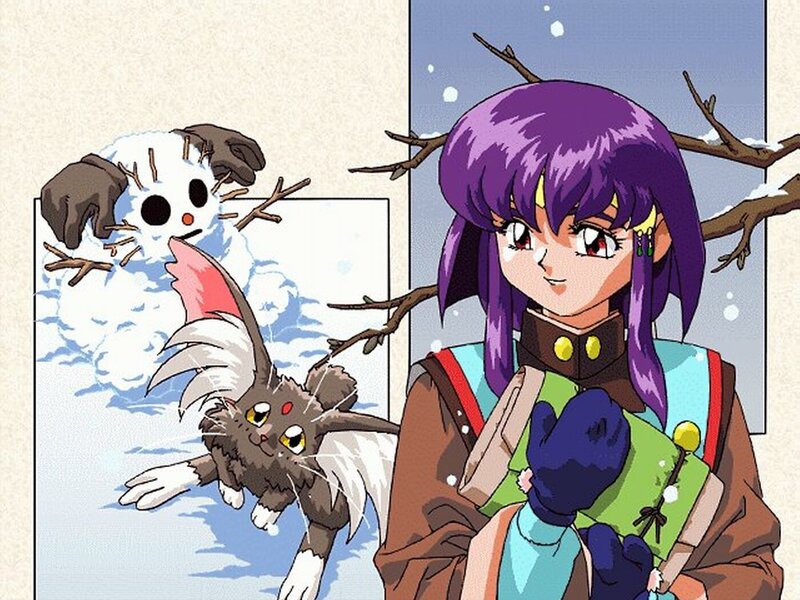 Anime girl with snowman and creature