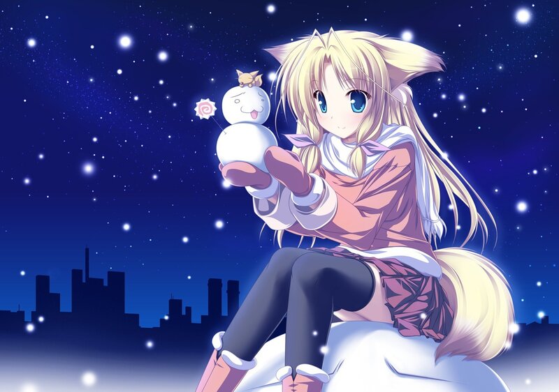 Anime girl with snowman at night
