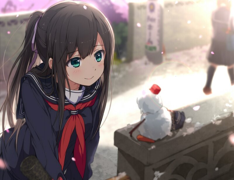 Anime Girl with Snowman — Blue, Serene, Spring