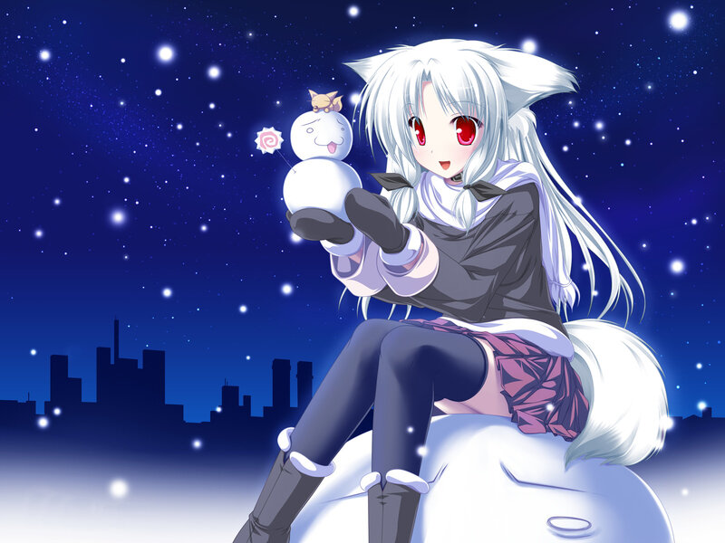 Anime Girl with Snowman — Blue, Serene