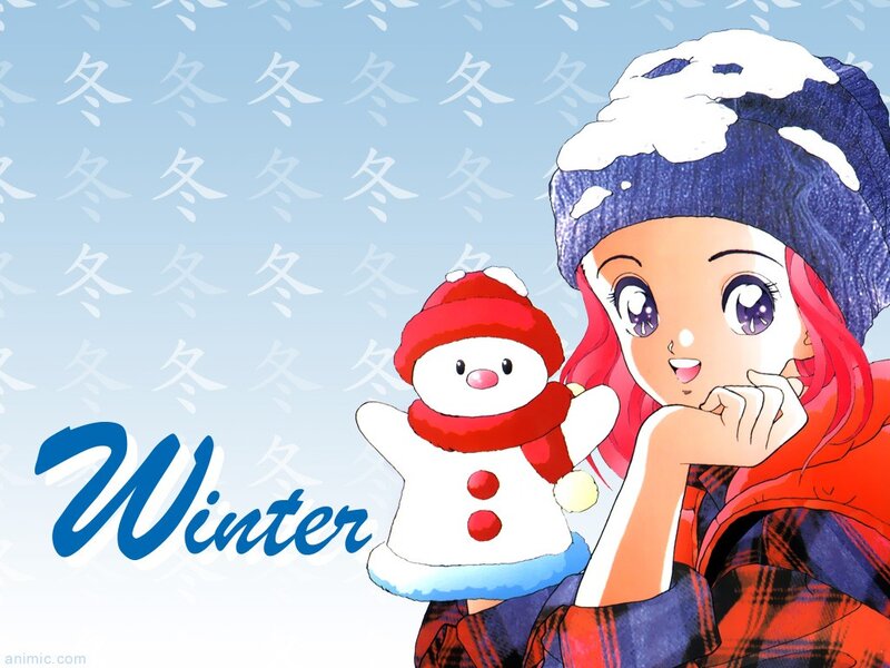 Anime girl with snowman in winter