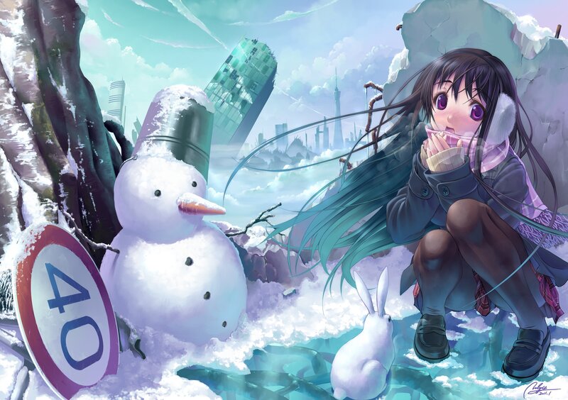 Anime girl with snowman in winter