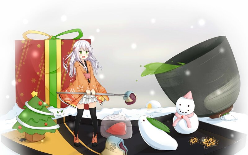 Anime Girl with Snowman — White, Festive