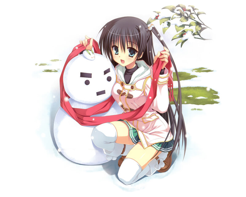 Anime Girl with Snowman — White, Playful
