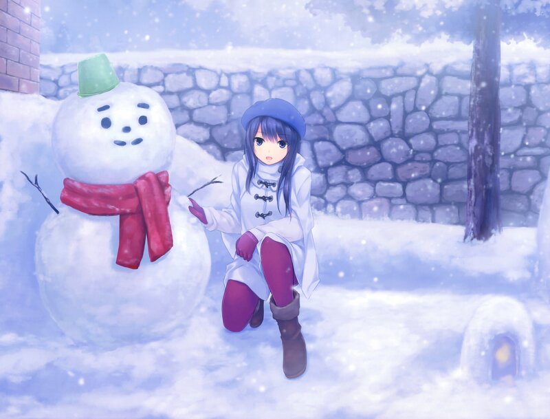 Anime Girl with Snowman — White, Serene, Winter, Digital Art