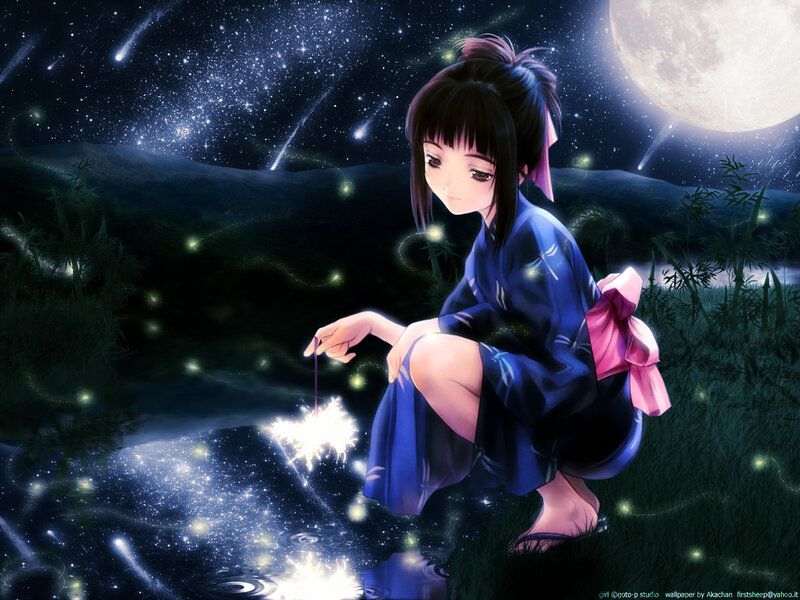 Anime girl with sparkler at night