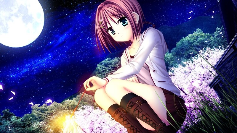 Anime Girl with Sparkler — Blue, Serene, Night, Digital Art, Moon