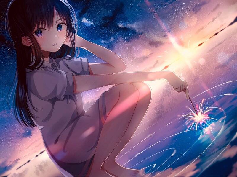 Anime Girl with Sparkler — Blue, Serene, Night, Digital Art, Sky