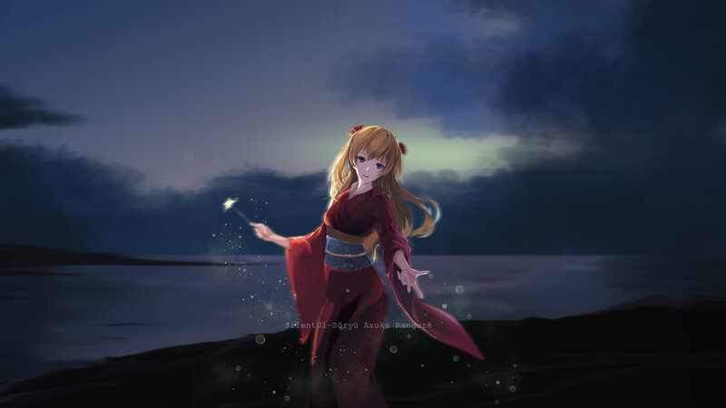 Anime Girl with Sparkler — Blue, Serene, Night, Digital Art