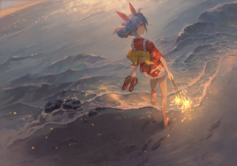 Anime Girl with Sparkler — Blue, Serene, Sunset, Digital Art, Ocean
