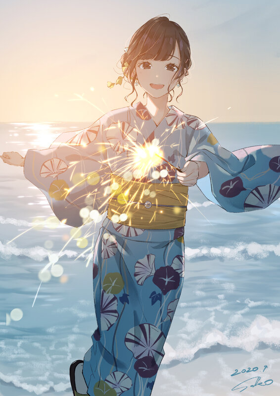 Anime Girl with Sparkler — Blue, Serene, Sunset, Digital Art