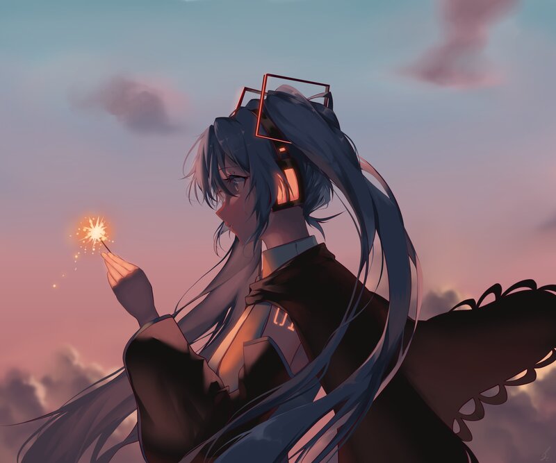 Anime Girl with Sparkler — Blue, Serene, Sunset