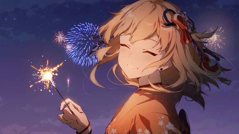Anime Girl with Sparkler — Purple, Serene, Night, Digital Art